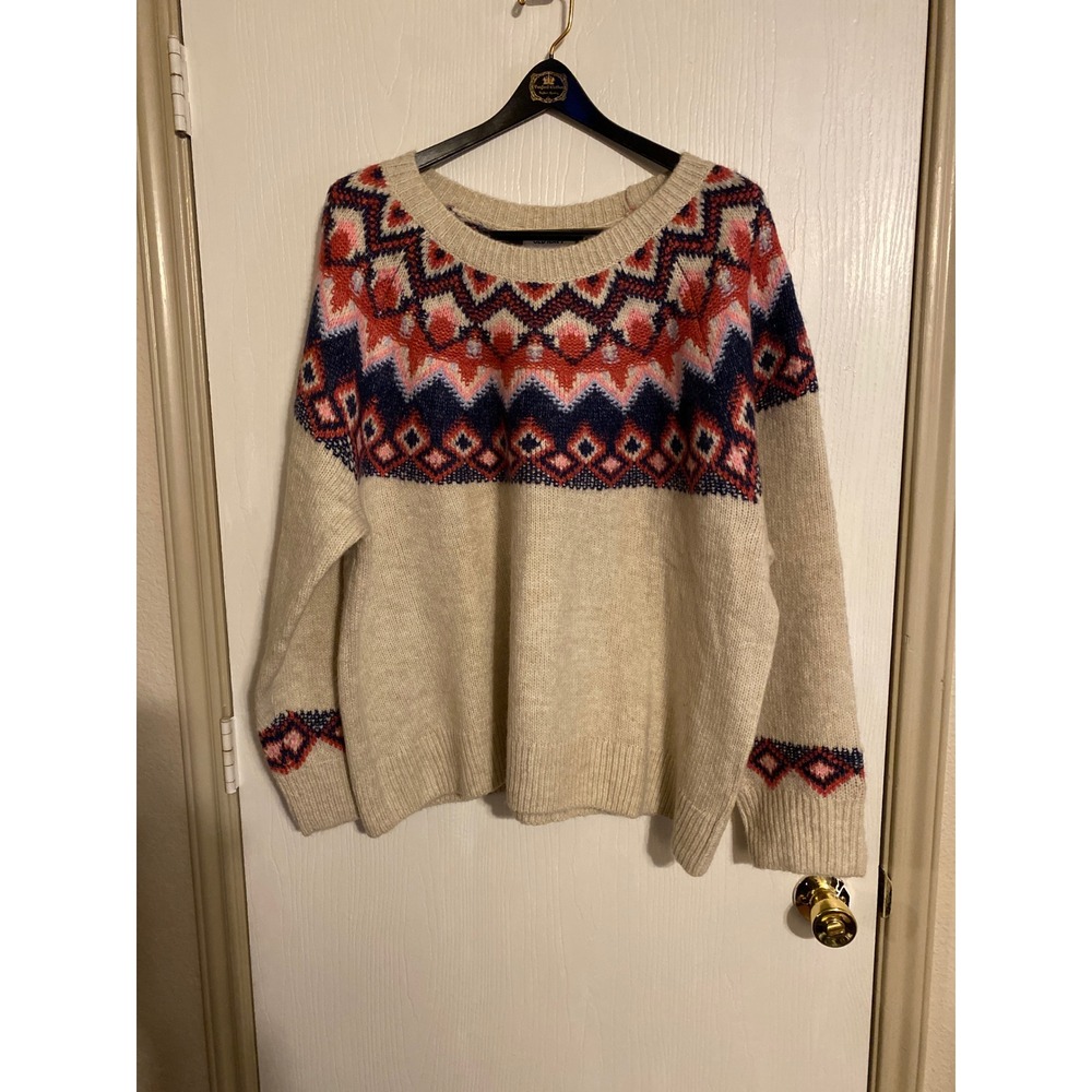Old Navy Women XXL Fair Isle Sweater Cream Red Blue Geometric Knit Pullover NWT